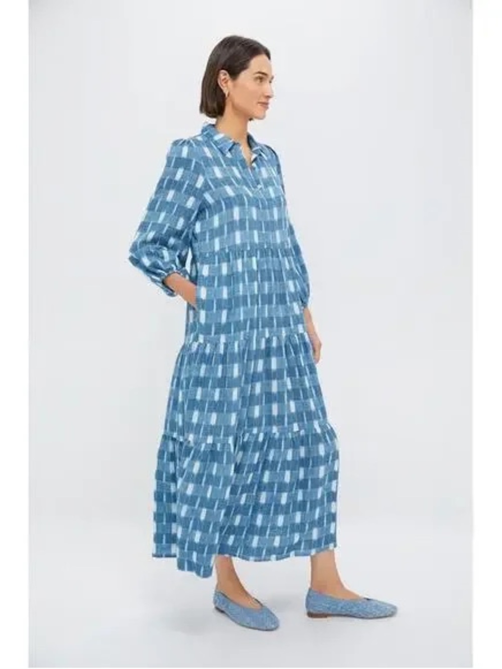 the Pomander Place Blue Ikat Check Tiered Maxi Dress